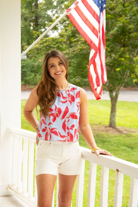 Flirty Flare Sleeveless Back Button Print Top