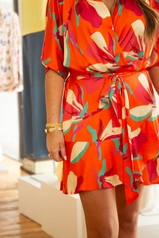Salty Glow Floral Flared Sleeve Wrap Satin Mini Dress