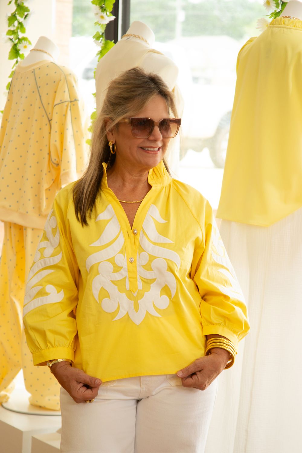 Take a Chance  Baroque Applique Detail Top, Color: YELLOW, Size: SMALL