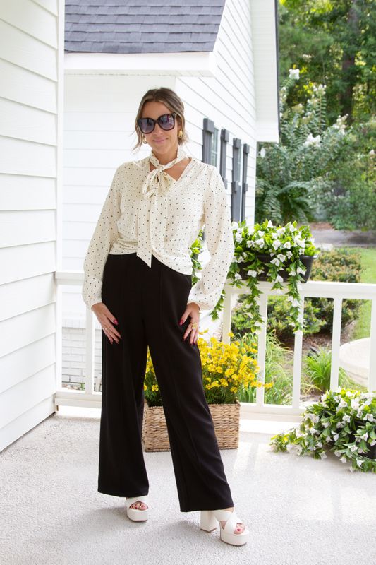 Classic Charm Polka Dot Satin Front Wrap Blouse w/ Neck Tie