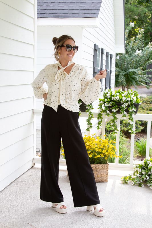 Classic Charm Polka Dot Satin Front Wrap Blouse w/ Neck Tie