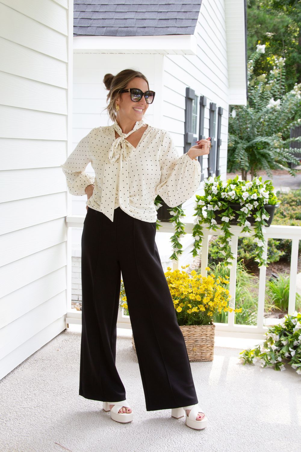 Classic Charm Polka Dot Satin Front Wrap Blouse w/ Neck Tie