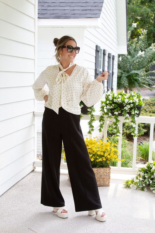 Classic Charm Polka Dot Satin Front Wrap Blouse w/ Neck Tie
