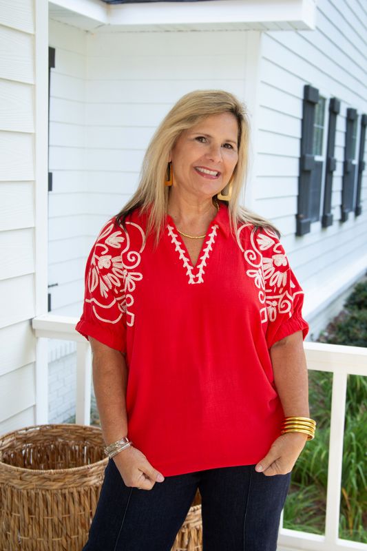 Playing for Keeps Embroidered Collared Top