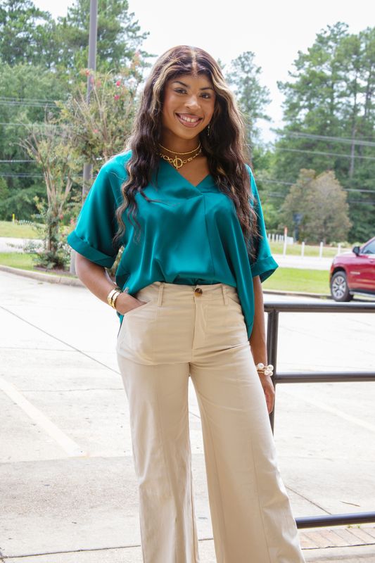 Easy Way Out Satin High Low V Neck Top