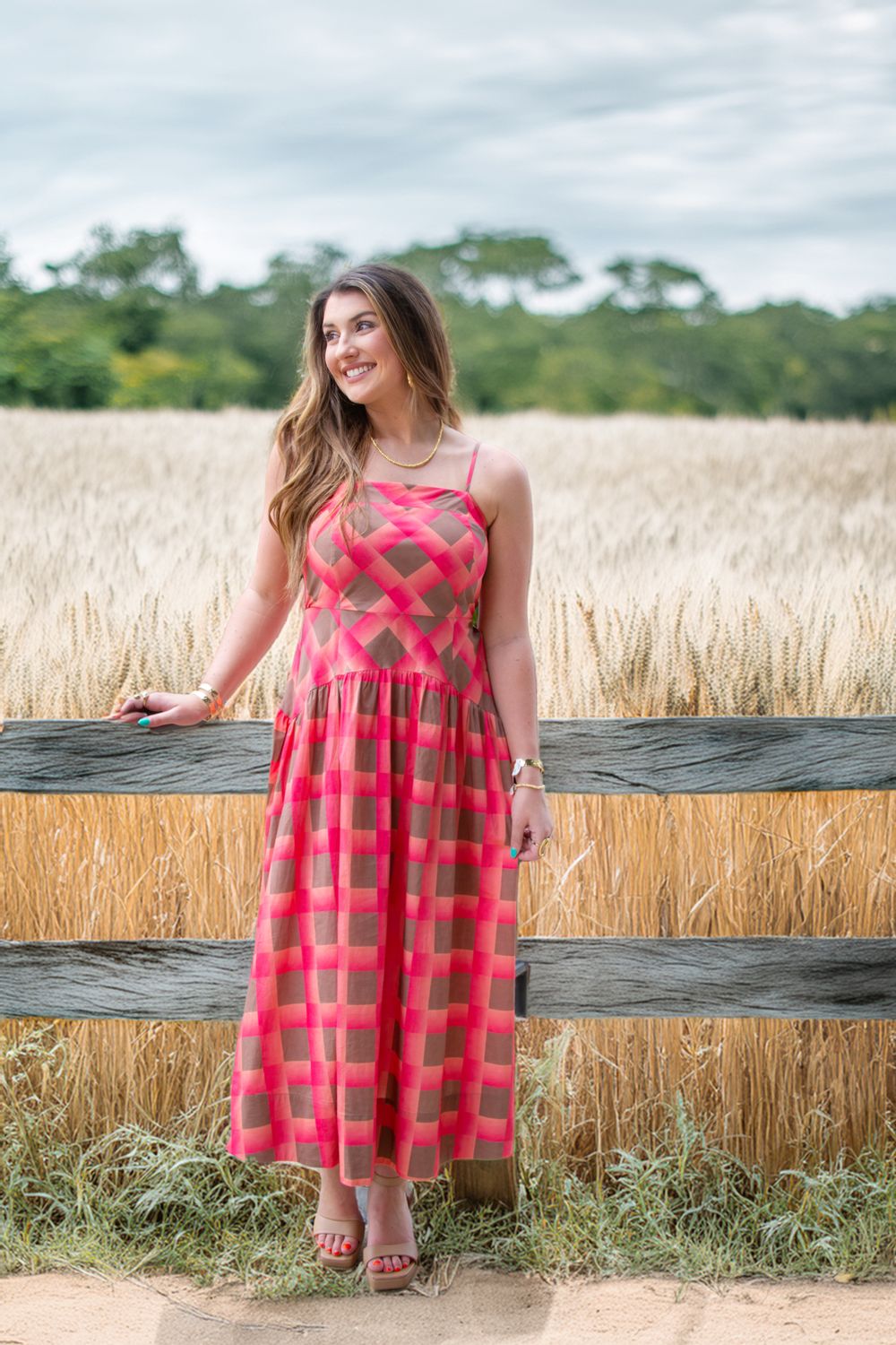 Sunset Social Spaghetti Strap Checkered Midi Dress