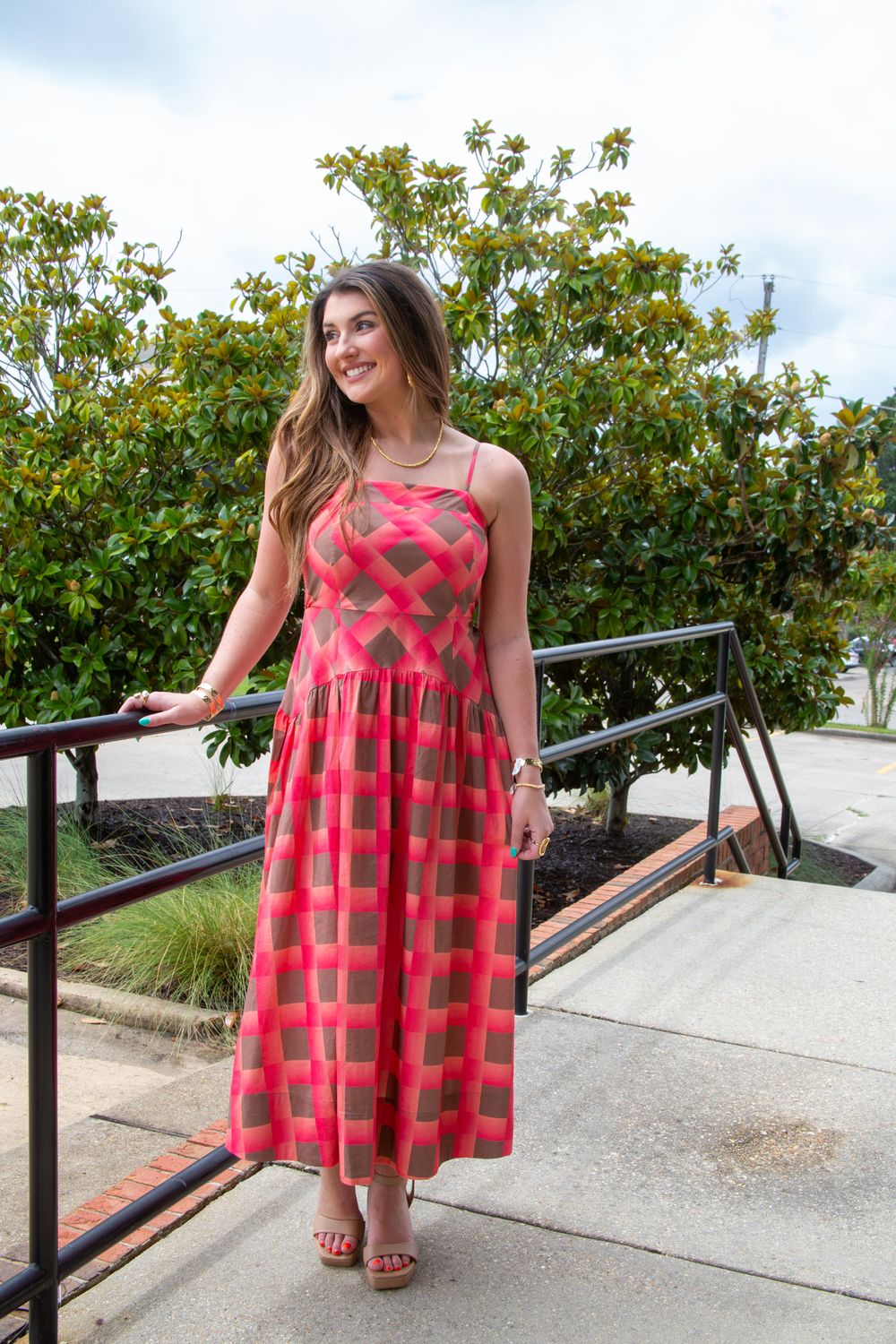 Sunset Social Spaghetti Strap Checkered Midi Dress