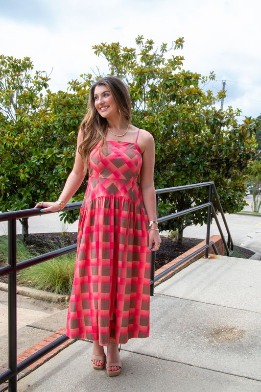 Sunset Social Spaghetti Strap Checkered Midi Dress