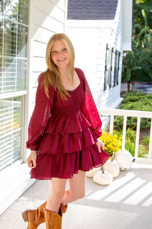 One Romance Smocked Bishop Sleeve Tiered Mini Dress