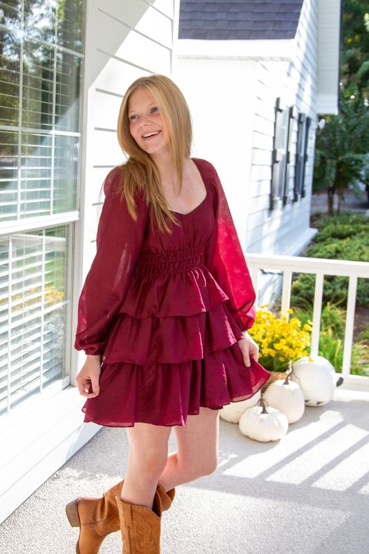 One Romance Smocked Bishop Sleeve Tiered Mini Dress