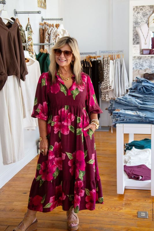 State of Grace Botanical Print Puff Sleeve Tiered Midi Dress