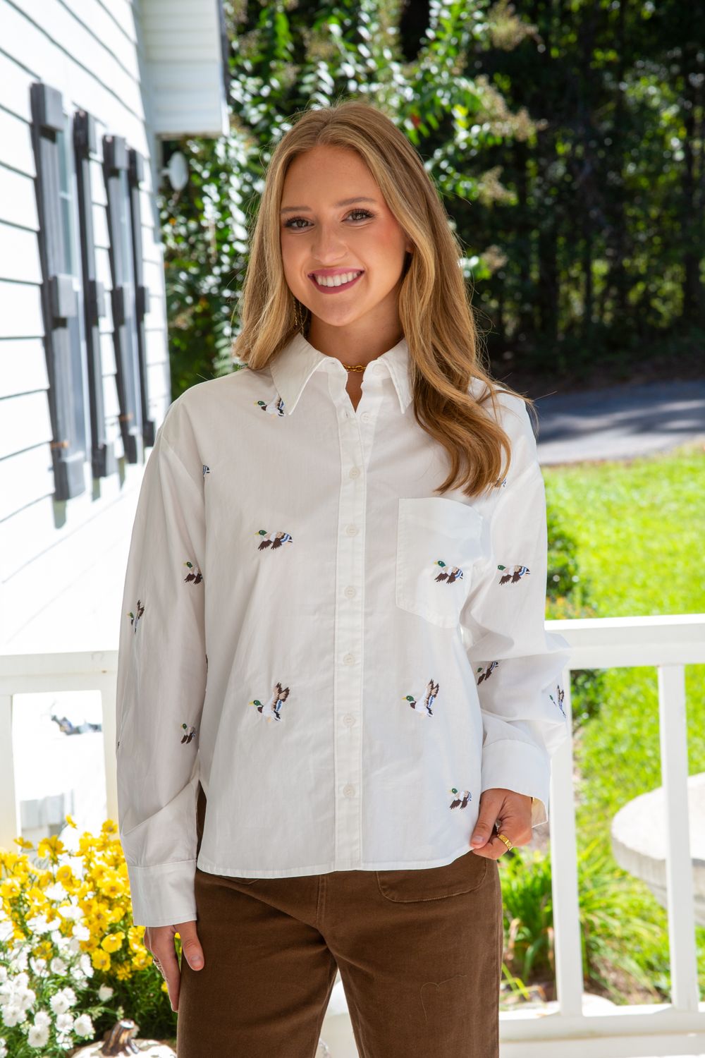 Embroidered Duck Button Down Top