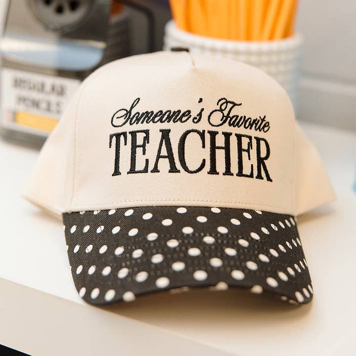 Someone's Favorite Teacher Trucker Hat BLACK POLKA DOT