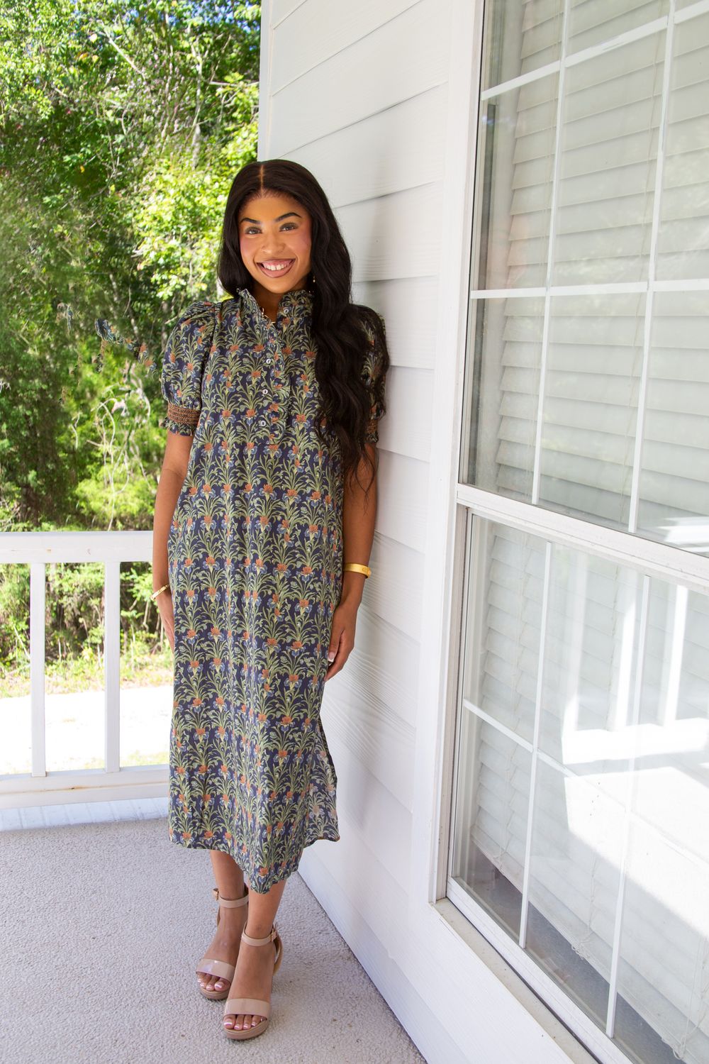 Per Your Request Floral Smocked Sleeve Midi Dress
