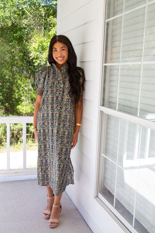 Per Your Request Floral Smocked Sleeve Midi Dress