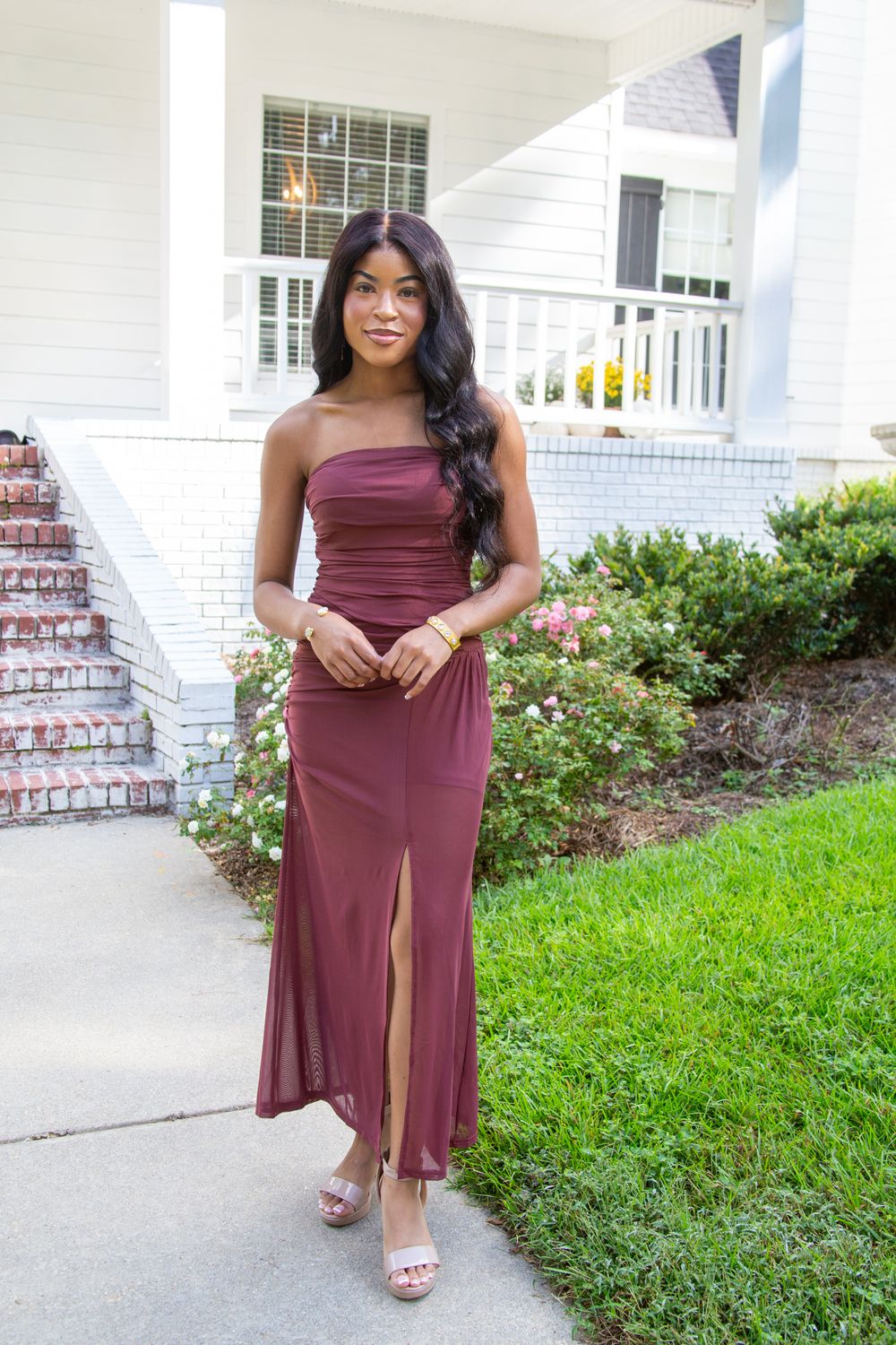 Weekend Romance Mesh Ruched Strapless Maxi Dress