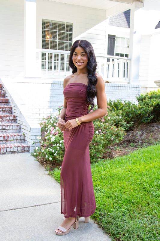 Weekend Romance Mesh Ruched Strapless Maxi Dress
