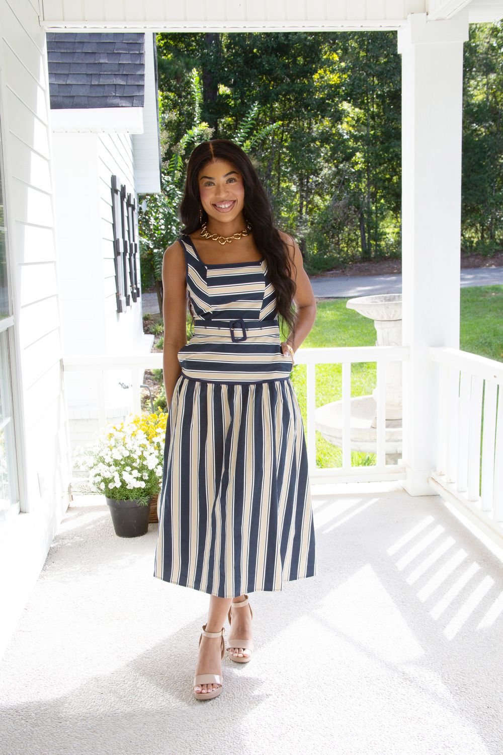 Sweet Daybreak Stripe Belted Midi Dress
