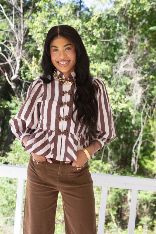 Soft Breeze Decorative Button 3/4 Balloon Sleeve Top