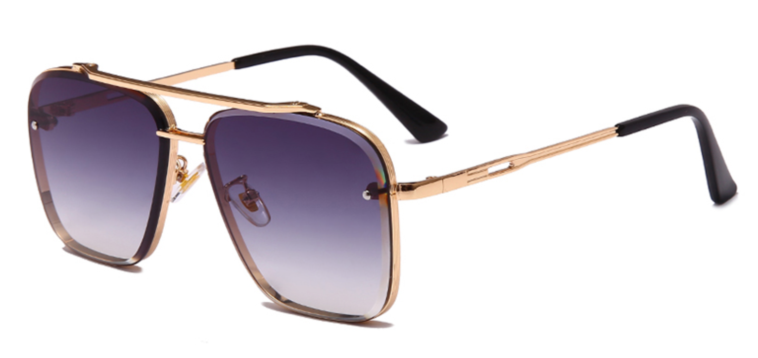 Classic Double Grey and Gold Square Vintage Metal Sunglasses