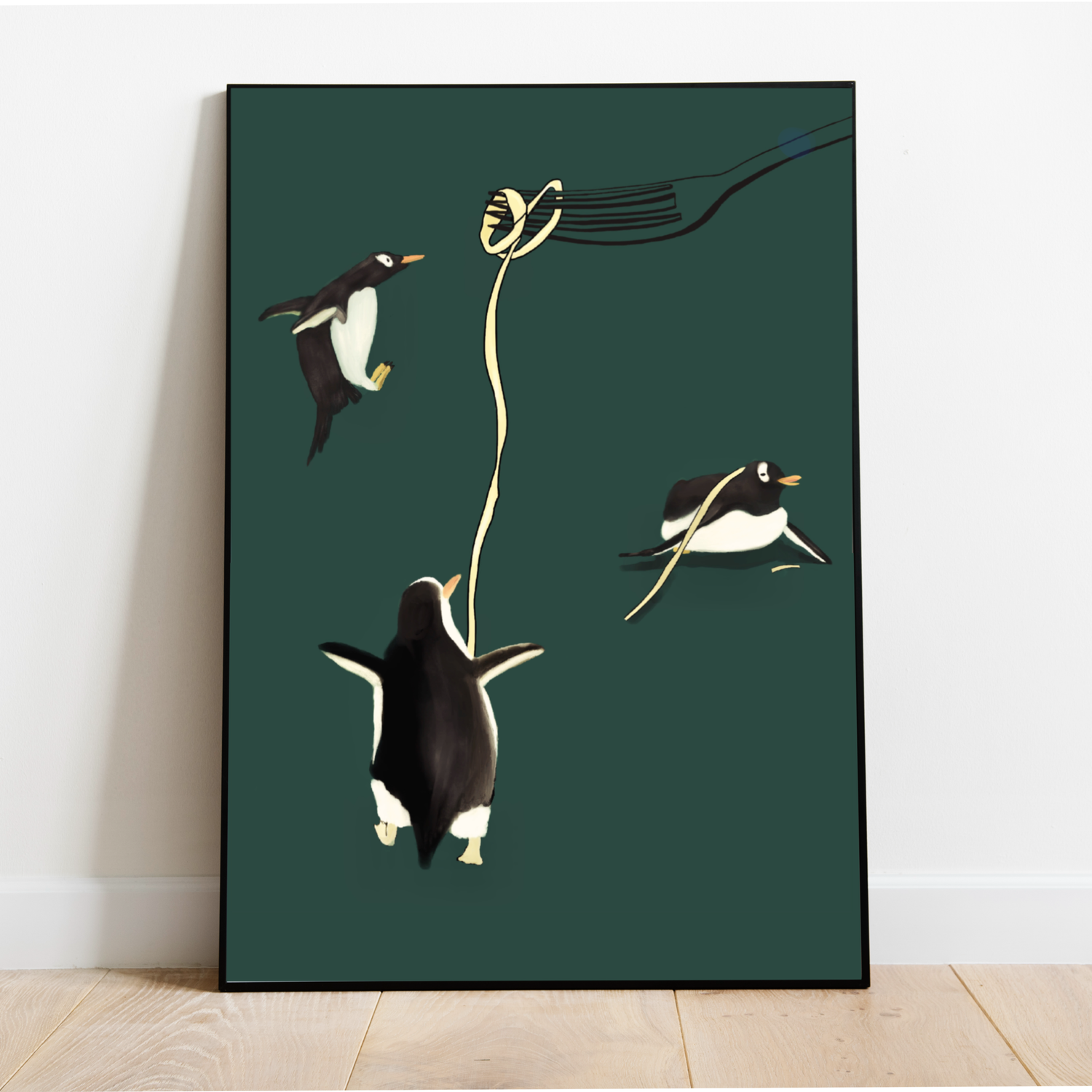 Spaghetti love penguin illustration wall art print