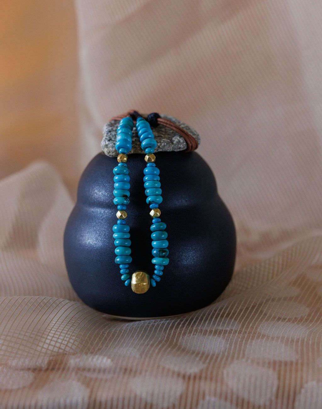 No.19/OOAK Tibetan Turquoise Adj. Nklce, 22 k gold wax