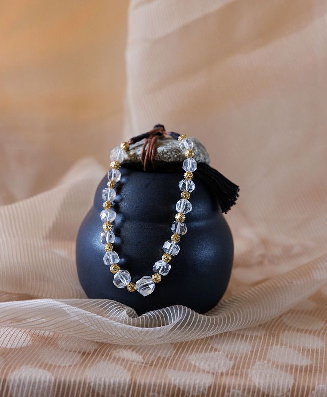 Hand Faceted Clear Rock Crystal and Rudraksha Adjustable Necklace