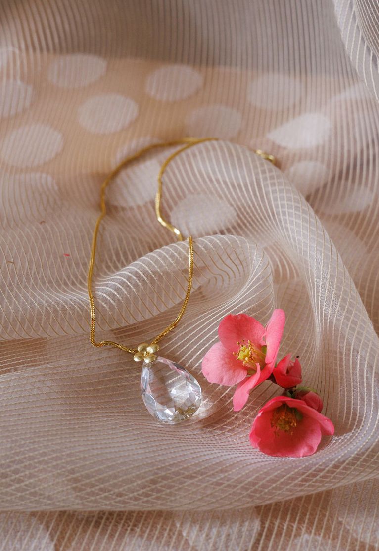 Rock Crystal Faceted Pendant with 18k Gold Mughal Flower