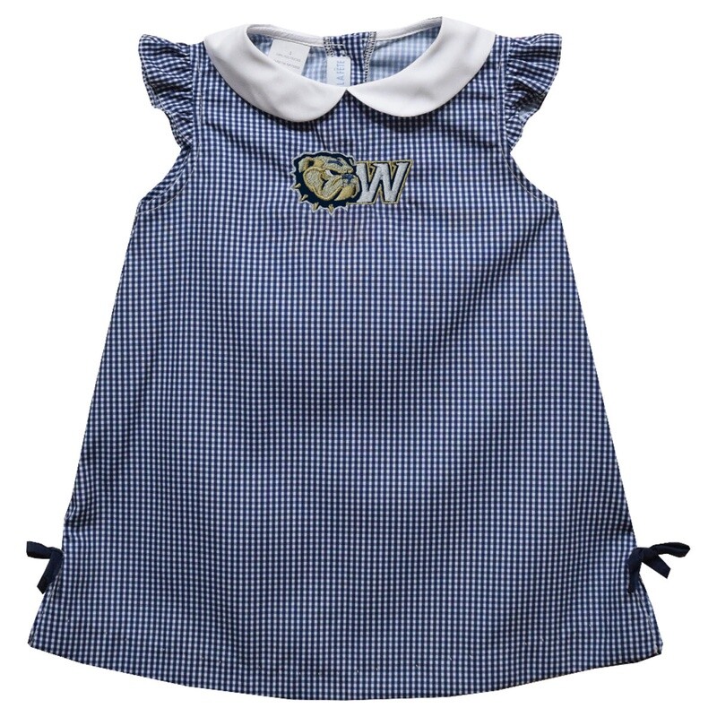 Toddler Navy White Ella Embroidered Dog Head W Mini Check Aline Dress