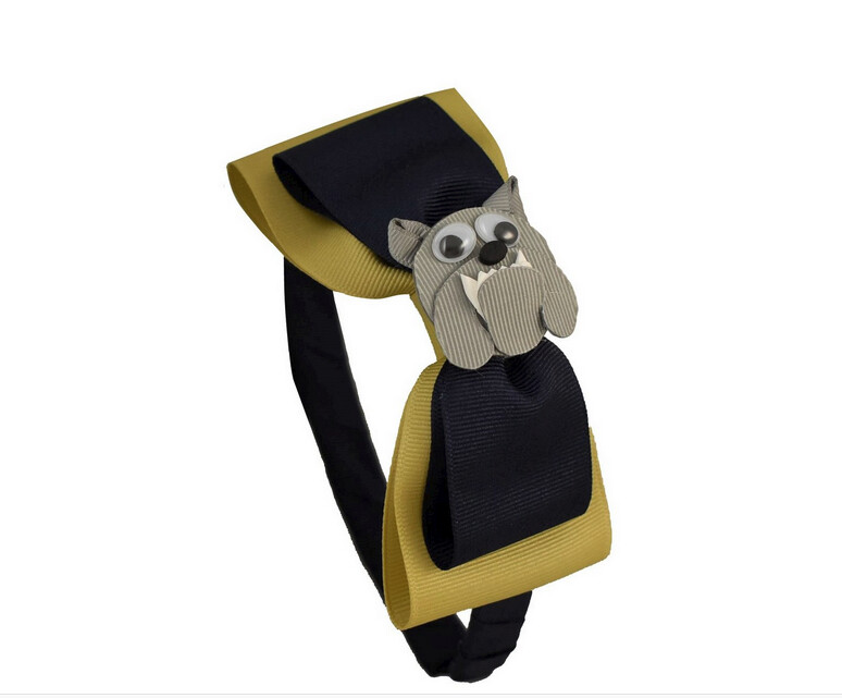 1/2&quot; Double Bow Navy Gold Headband With Bulldog Mascot
