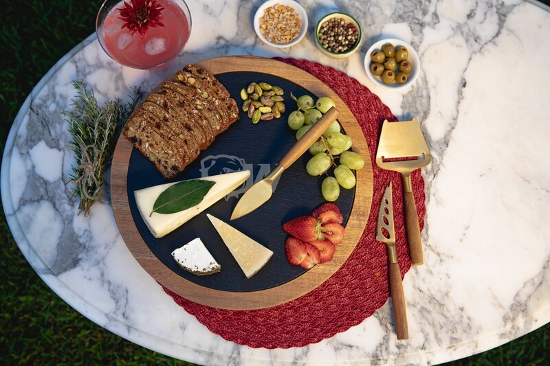 DROP SHIP ONLY  Dog Head W Insignia Acacia and Slate Serving Board with Cheese Tools (ONLINE ONLY)