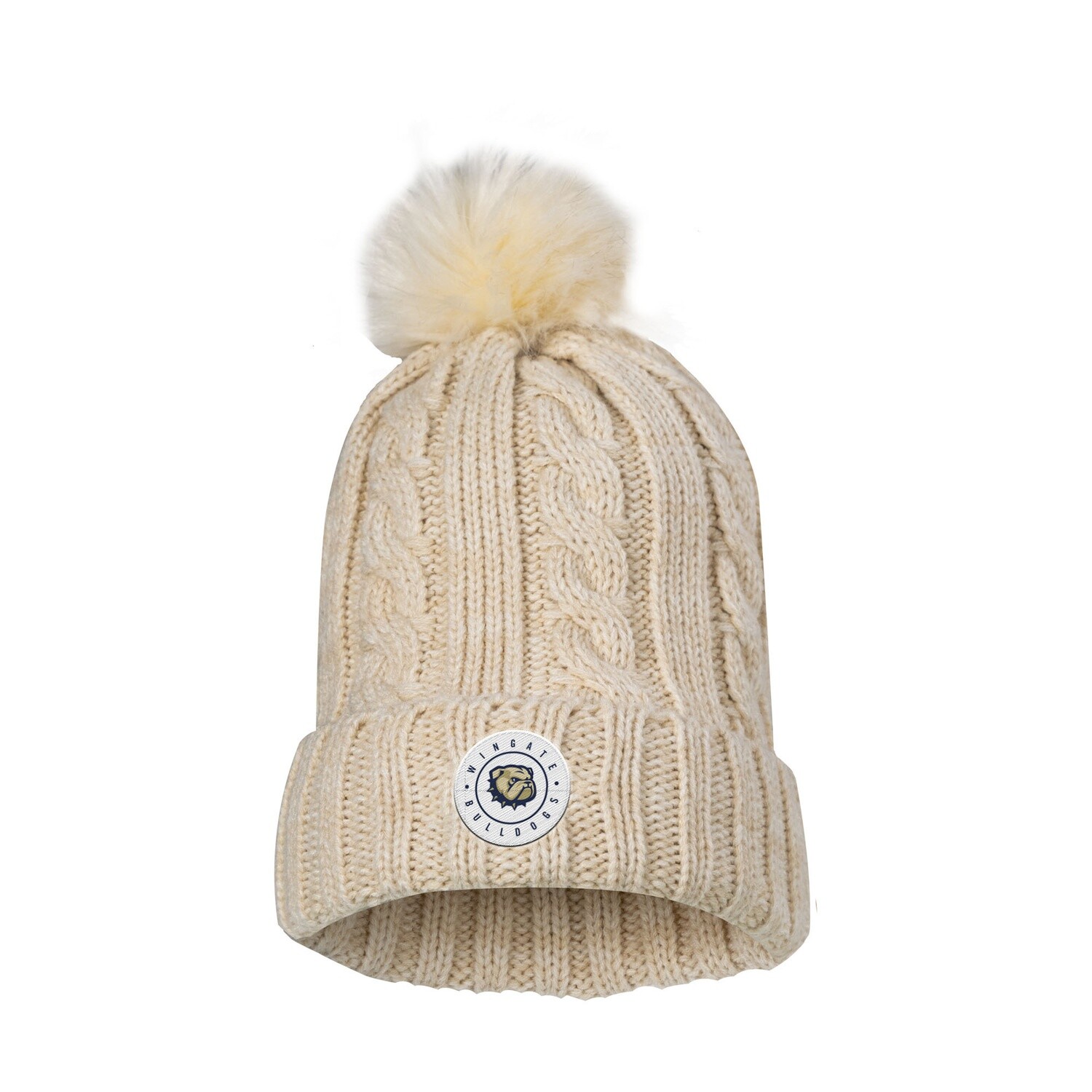 Oatmeal Wingate Dog Head Bulldogs Cable Knit Pom Beanie Hat