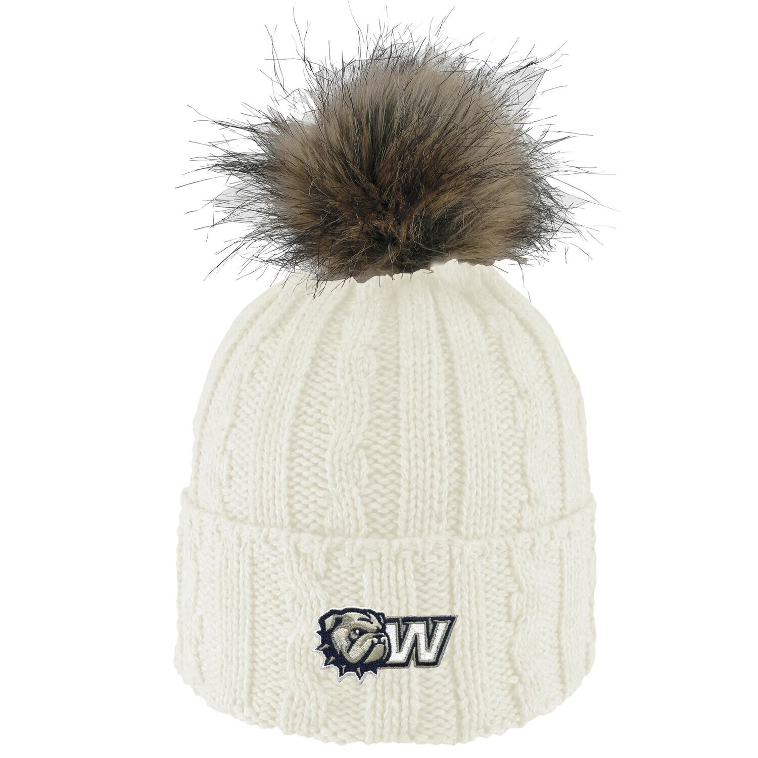 Cream Alps Embroidered Dog Head W Knit Cuff Faux Fur Pom Beanie Hat