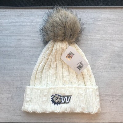 Cream Alps Embroidered Dog Head W Knit Cuff Faux Fur Pom Beanie Hat