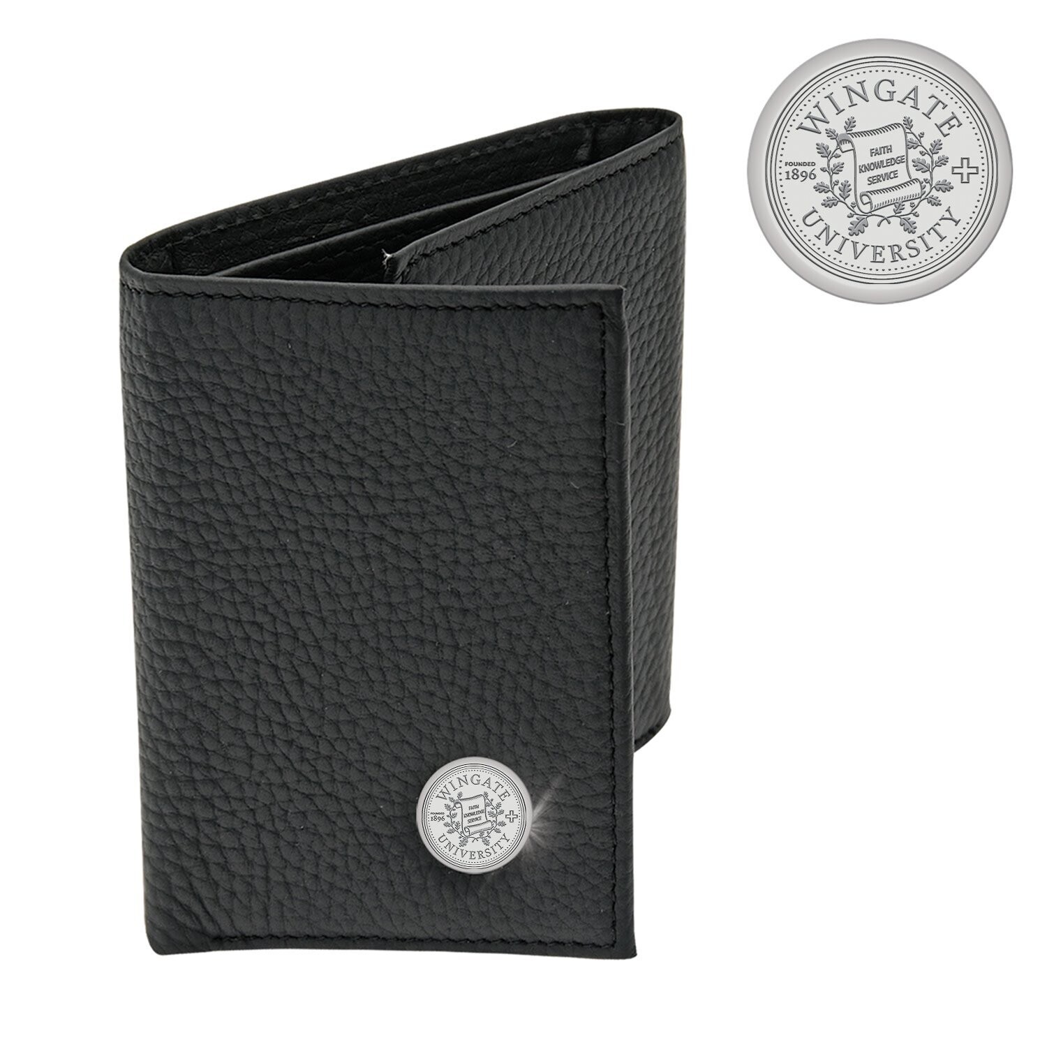 DROP SHIP ONLY Mens Black Leather Trifold Wallet with silver Wingate University Seal (ONLINE ONLY)