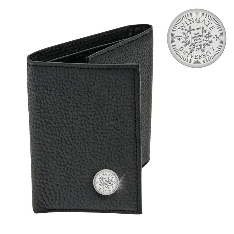 DROP SHIP ONLY Mens Black Leather Trifold Wallet with silver Wingate University Seal (ONLINE ONLY)
