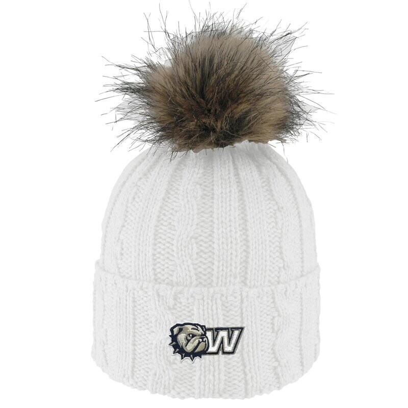 White Alps Embroidered Dog Head W Knit Cuff Faux Fur Pom Beanie Hat