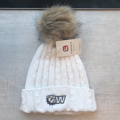 White Alps Embroidered Dog Head W Knit Cuff Faux Fur Pom Beanie Hat