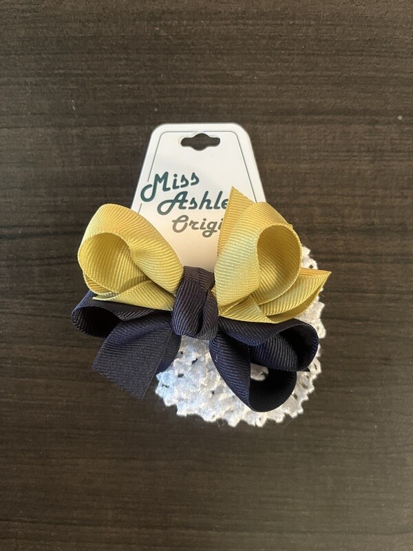 Infant 1.5&quot; Crochet Stretch Lace Headband with Double Curly Navy and Vegas Gold Bow