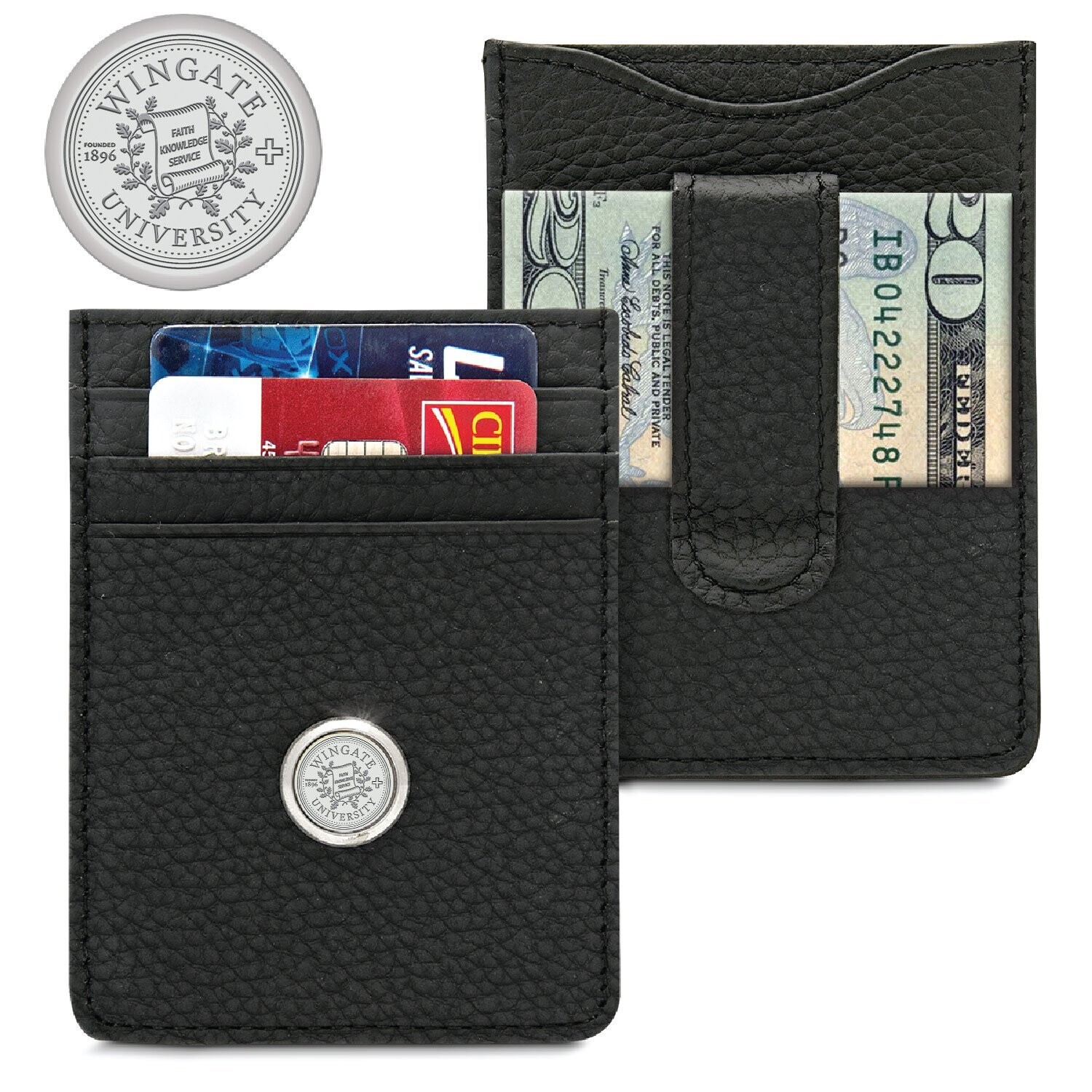 DROP SHIP ONLY Mens Black Leather Money Clipcard Holder with silver Wingate University Seal (ONLINE ONLY)
