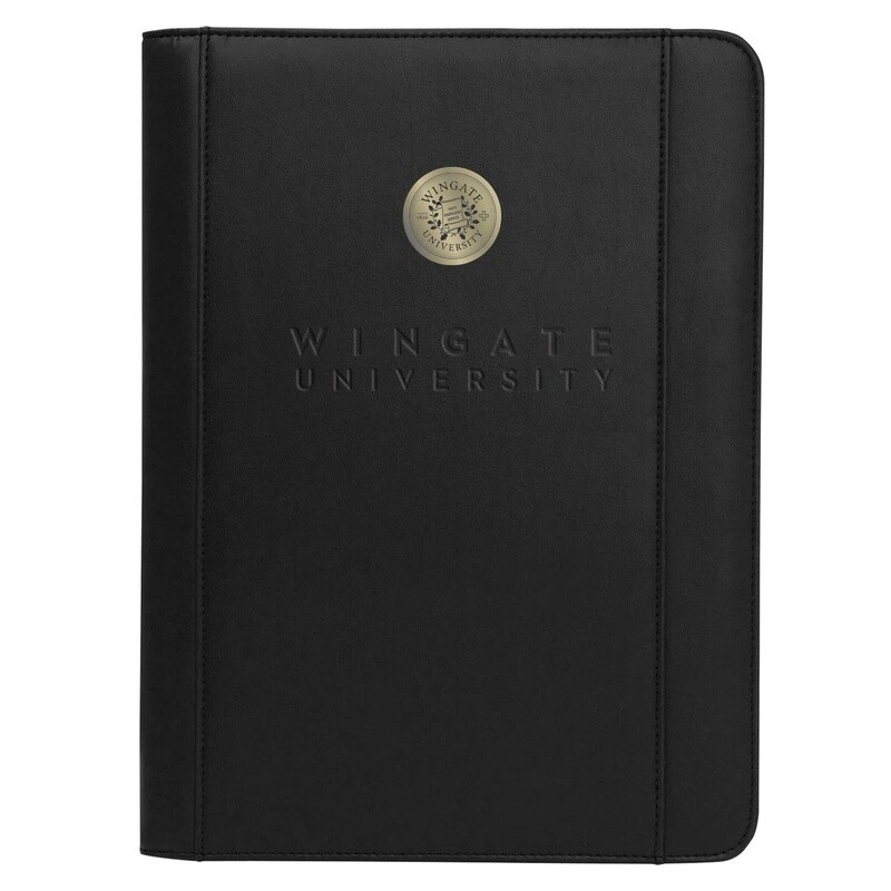 10&quot; x 13.5&quot; Black Leather Gold Seal Medallion Wingate University Zippered Portfolio