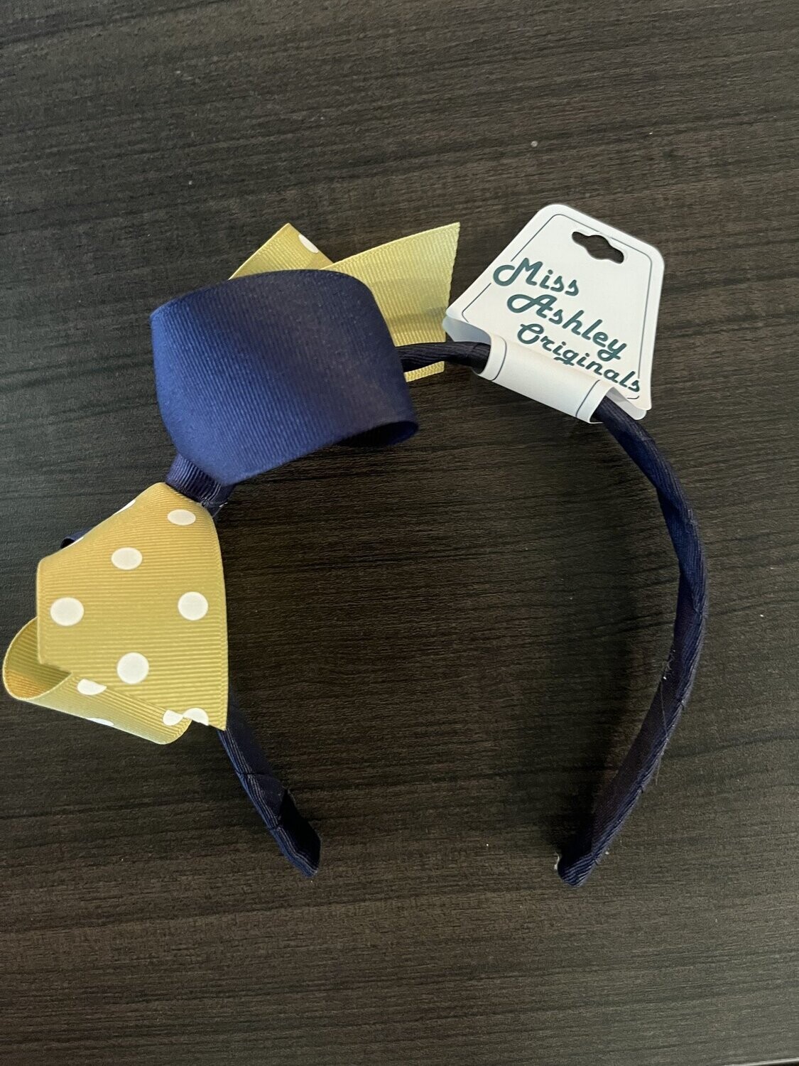 Two-Tone Curly Fluff Vegas Gold and Navy Bow Headband