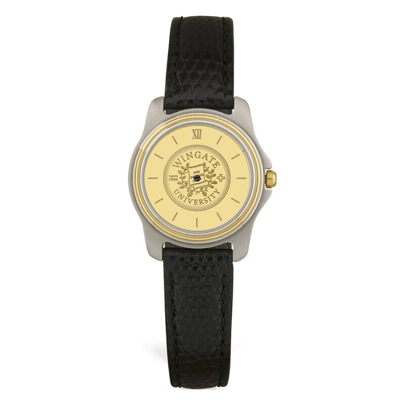 DROP SHIP ONLY Ladies&#39; Black Leather Wristwatch with Gold Wingate Seal Face (ONLINE ONLY)