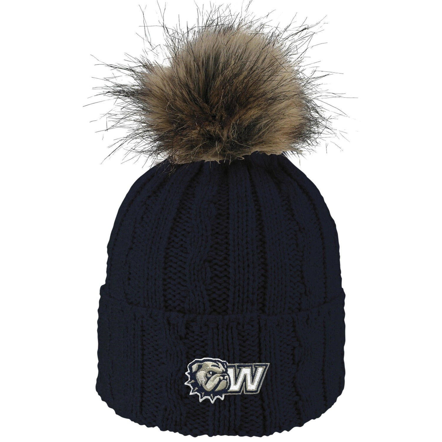 Navy Alps Embroidered Dog Head W Knit Cuff Faux Fur Pom  Beanie Hat