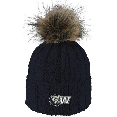 Navy Alps Embroidered Dog Head W Knit Cuff Faux Fur Pom  Beanie Hat