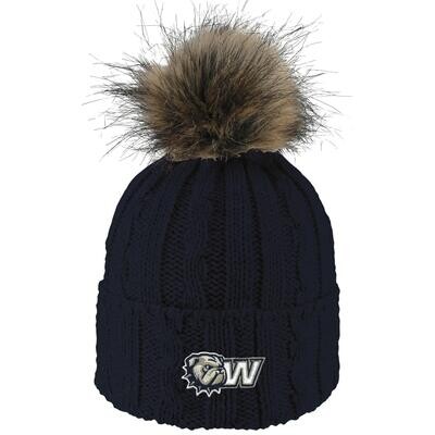 Navy Alps Embroidered Dog Head W Knit Cuff Faux Fur Pom  Beanie Hat