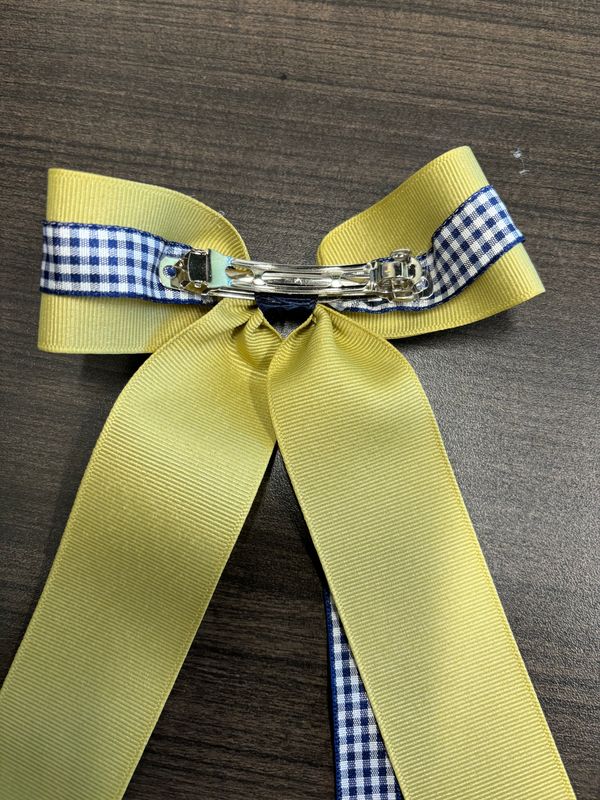 FR Vegas Gold and Navy Gingham Long Tails Bow On Barrette