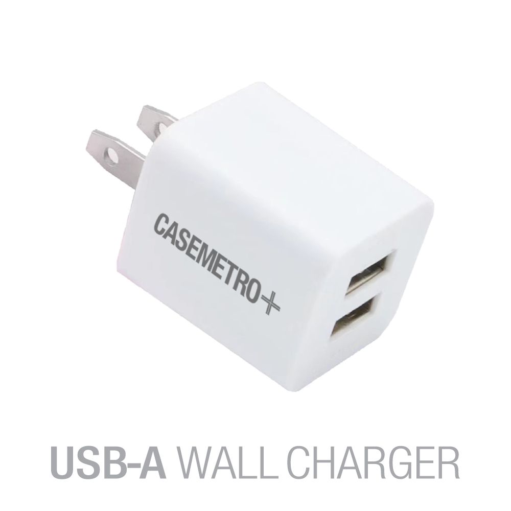 White Dual USB-A Wall Charger Box Dual USB-A port wall adapter compatible with USB-A charging cables.  Dual 1amp and 2.1amp ports.