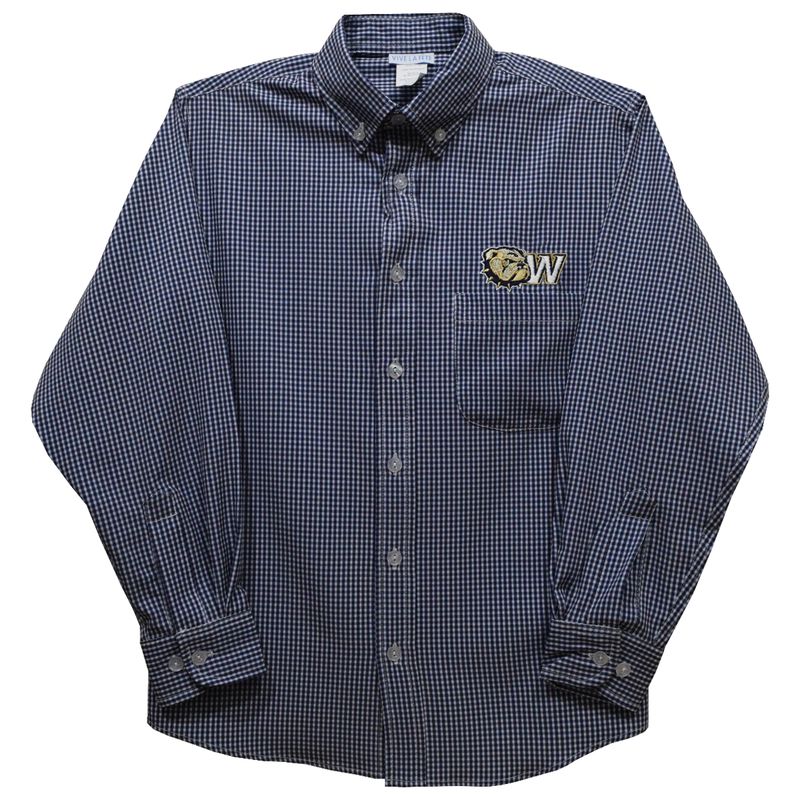 Toddler Navy Embroidered Dog Head W Mini Check Long Sleeve Button Down Shirt
