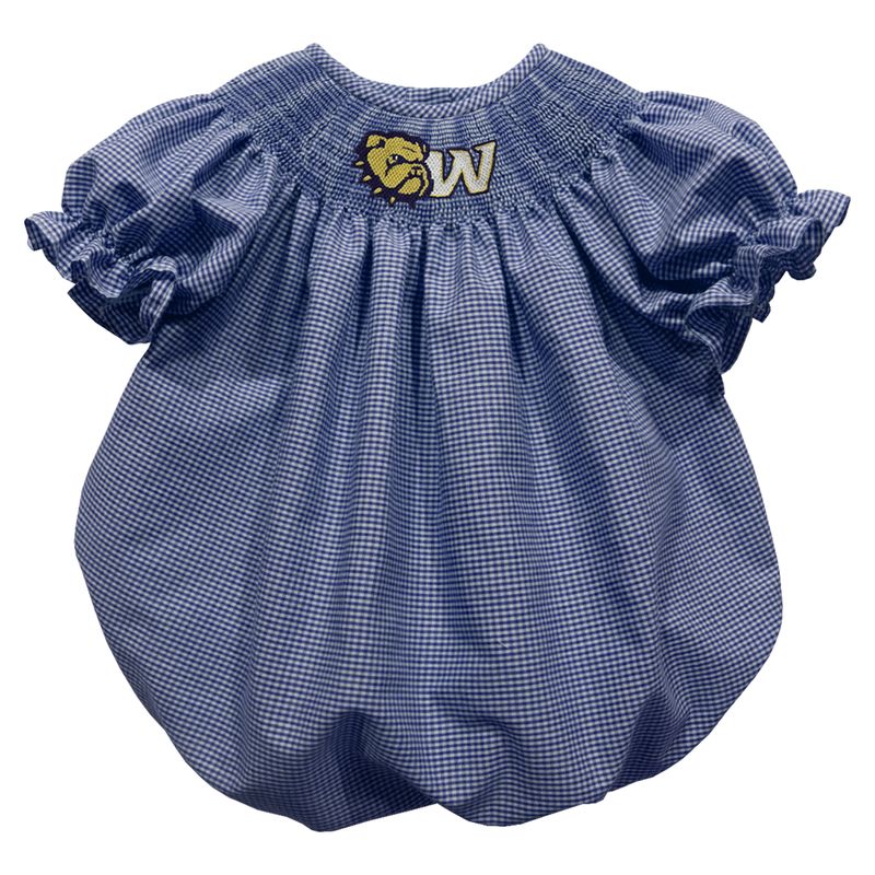 Infant Navy Smocked Dog Head W Mini Check Bishop Bubble